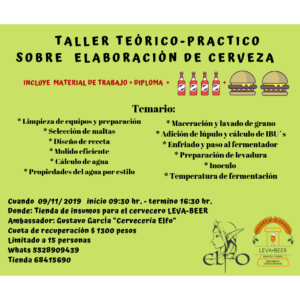 TALLER DE ELABORACIÓN DE CERVEZA 09 DE NOV 2019